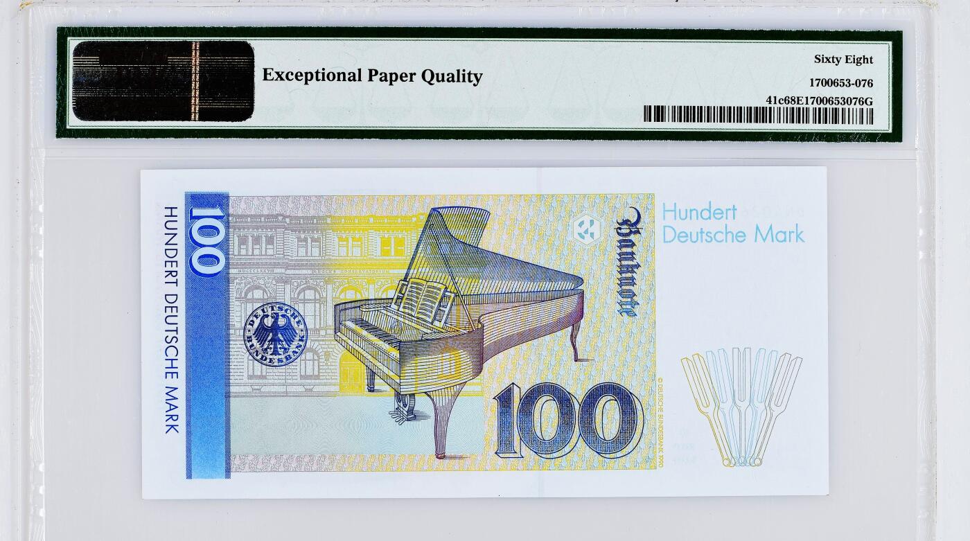 【Blue Auction】✨世界纸币精拍800期盛典——白金之夜🔥🔥🔥 G-【多年来唯一冠军 最稀少年份】德国 1993版年100马克 著名钢琴家克拉拉-舒曼 PMG68EPQ 顶级品相 无月牙&无拖墨（本枚纸币最神奇的地方，在与克拉拉的眼睛与荧光效果完美融合，形成泪眼，与人物的事迹完美契合，卖家多年来一直珍藏）
