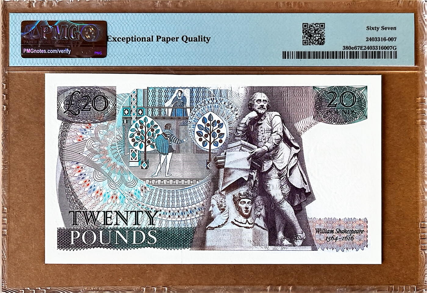 【Blue Auction】✨世界纸币精拍800期盛典——白金之夜🔥🔥🔥 G-【签名G.M.Gill稀少首发冠01L 亚军分】英国1988-91年D序列20镑纸币 莎士比亚水印 PMG 67EPQ（背面是英国著名大文豪、诗人威廉·莎士比亚）
