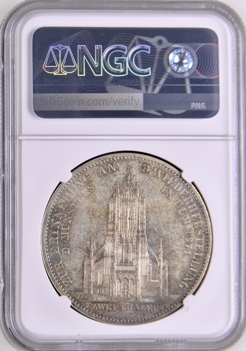 PCGS-MS60 1871 德国符腾堡乌尔姆教堂2泰勒银币