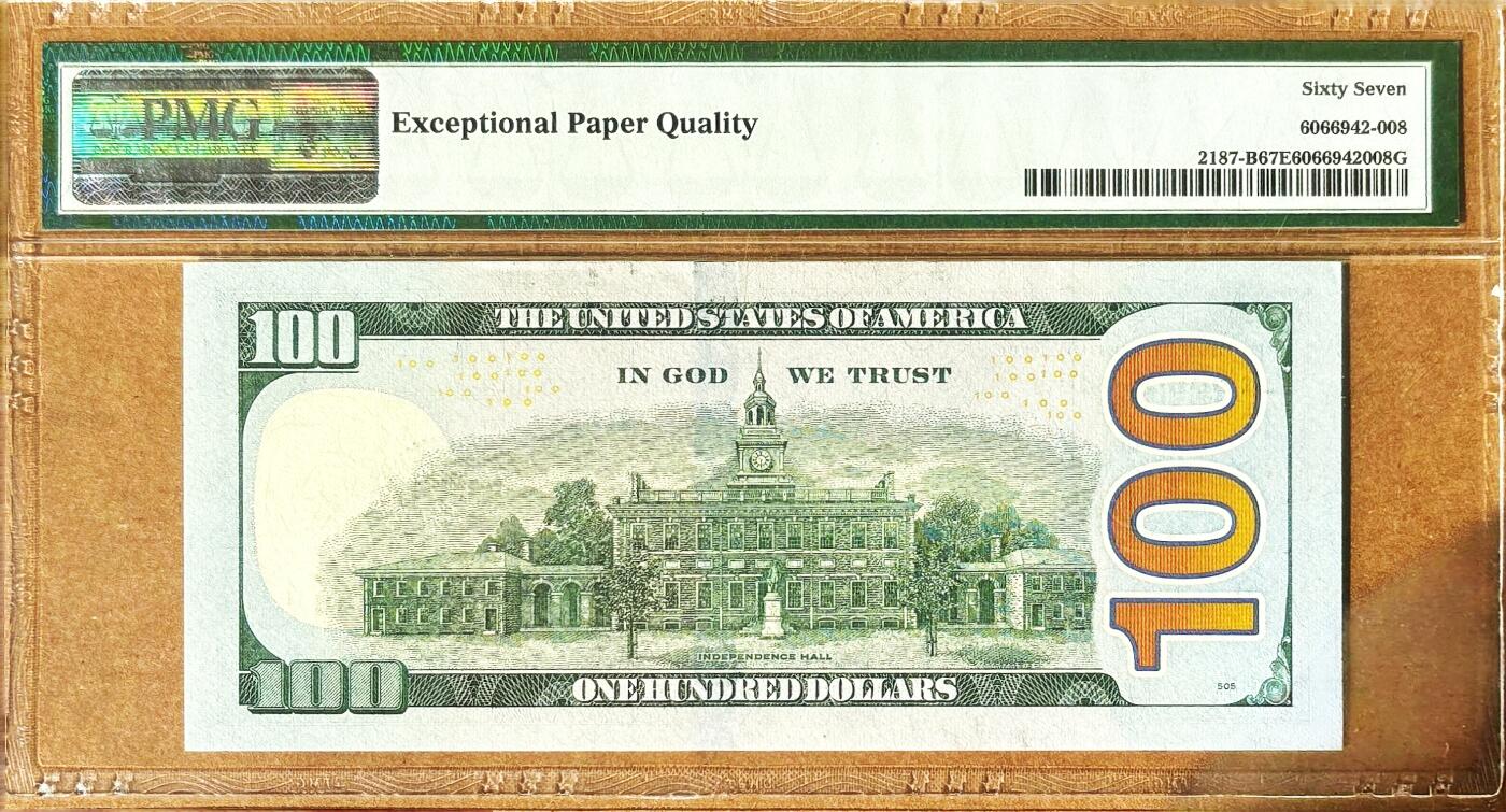 【Blue Auction】✨世界纸币精拍800期盛典——白金之夜🔥🔥🔥 U-【近全同8 倒置号 老虎8】美国 2009年100美金 PMG67EPQ 