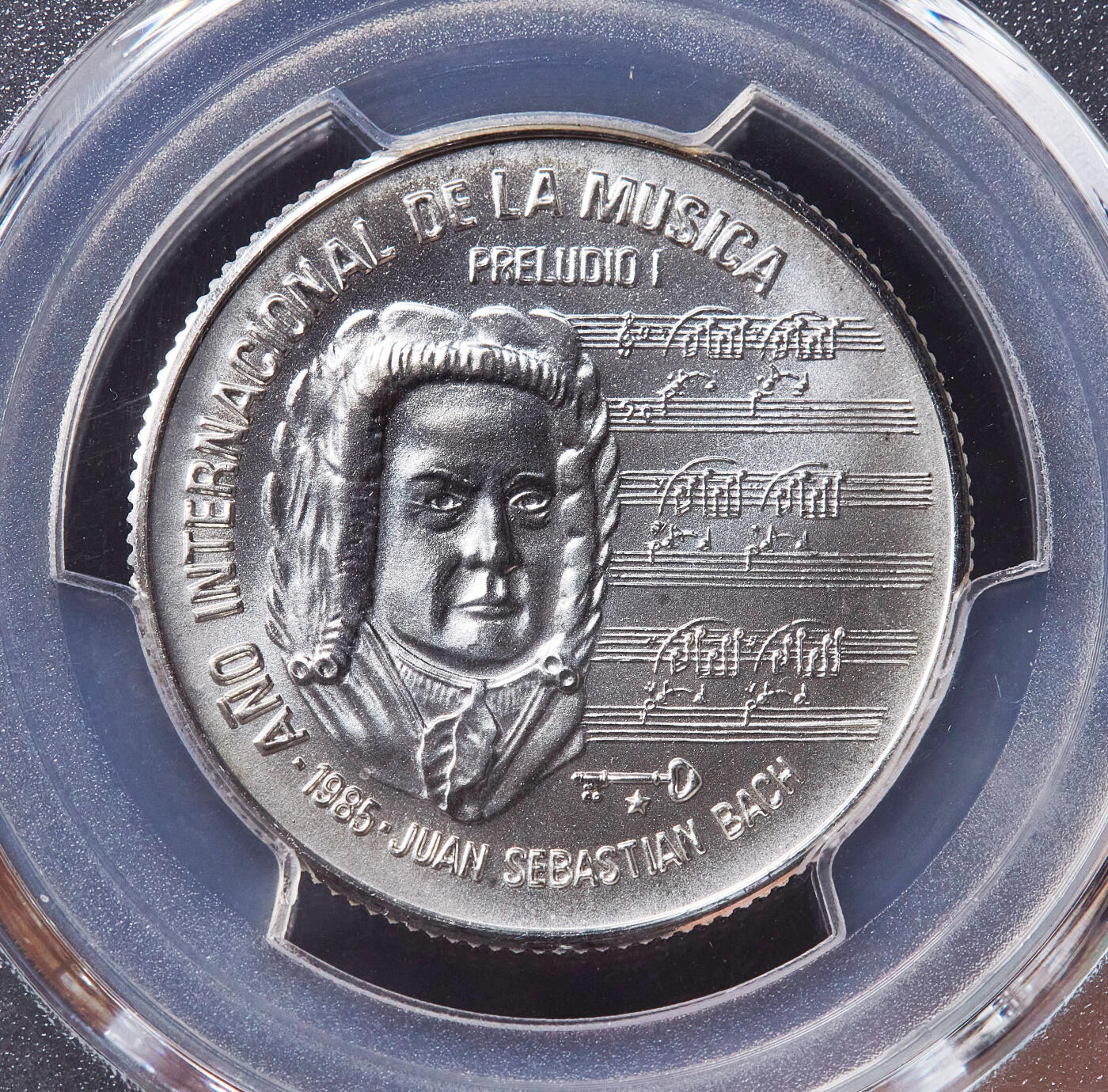 【俄甄集藏】2026年(049)03-18星期三 晚 19:30 全场包邮 古巴1985年纪念作曲家约翰·塞巴斯蒂安·巴赫诞辰200周年5比索银币，PCGS MS67，重12克，999银，发行量2000枚，唯一季军，少见品种