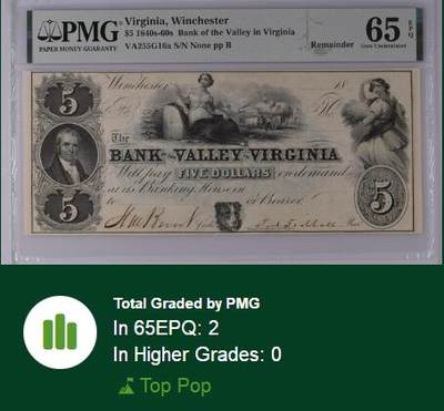 【Blue Auction】✨世界纸币精拍800期盛典——白金之夜🔥🔥🔥 U-【实钞冠军分 仅2张】美国 维吉尼亚州 1840-60年代5美金 大票幅 丰收女神及大场景 PMG65EPQ 双面印制 设计精美 