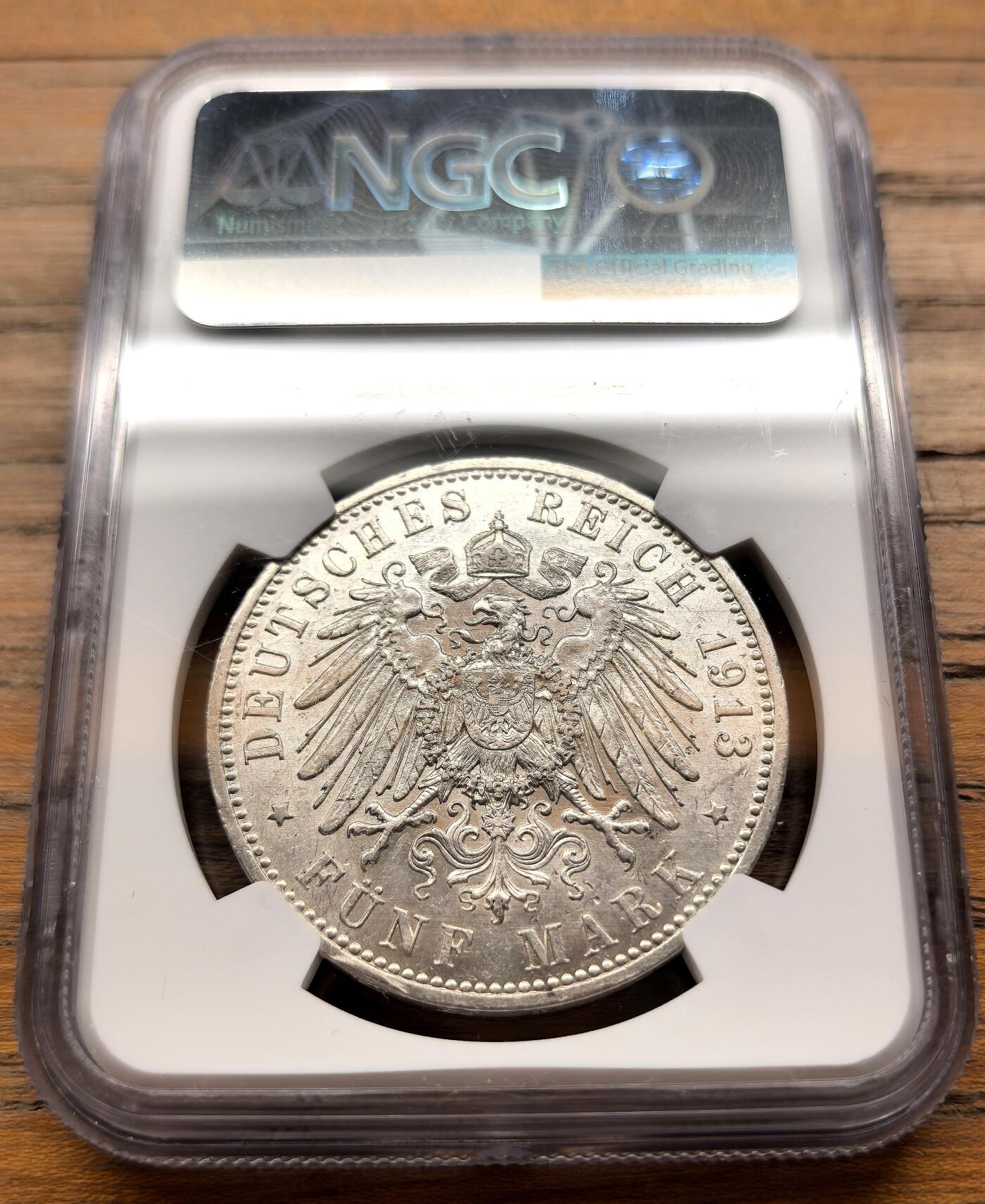 凡希社世界钱币微拍第三百二十一期 1913A德国普鲁士军装版5马克大银NGC-AU58