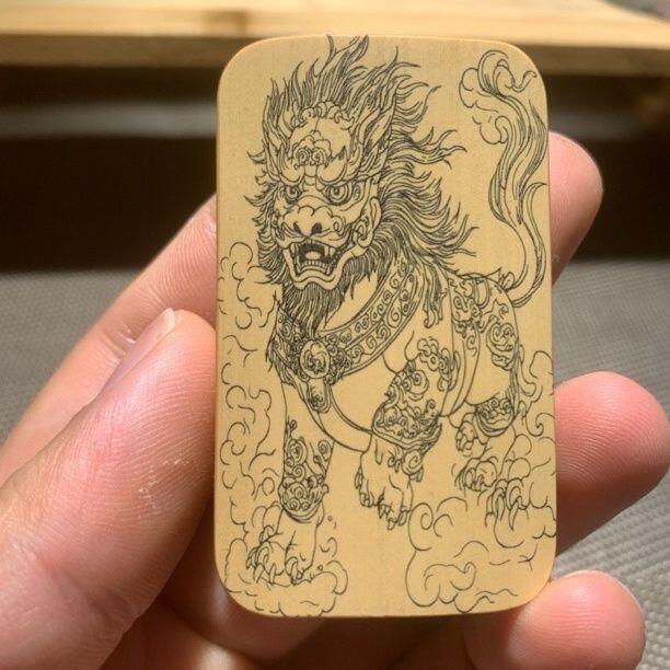 听雨轩（77）留青墨刻竹牌专场 留青墨刻36×60mm工艺精工实心玉竹牌  麒麟