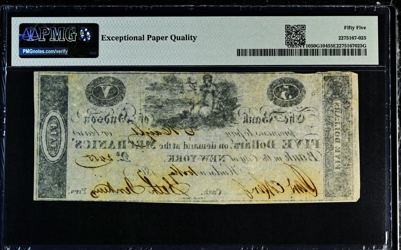 【Blue Auction】✨世界纸币精拍800期盛典——白金之夜🔥🔥🔥 U-【唯一冠军分 手签实钞】美国 纽约 1810年代5美金 非常早期的州票罕见 PMG55EPQ 近新原票 