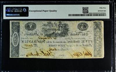 【Blue Auction】✨世界纸币精拍800期盛典——白金之夜🔥🔥🔥 U-【唯一冠军分 手签实钞】美国 纽约 1810年代5美金 非常早期的州票罕见 PMG55EPQ 近新原票 