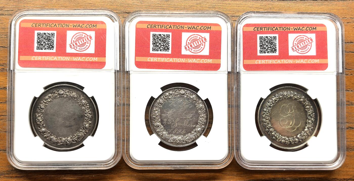 凡希社世界钱币微拍第三百二十一期 十九世纪法国天主教婚姻纪念银章三枚一组好品