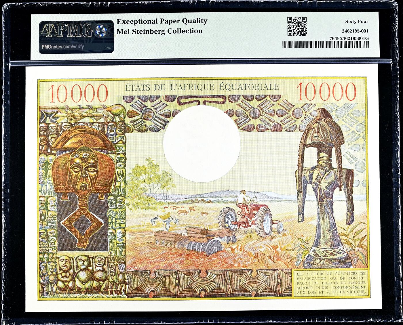 【Blue Auction】✨世界纸币精拍800期盛典——白金之夜🔥🔥🔥 F-【倒置号 仅1张更高分 唯一亚军罕见 传说级】法属赤道非洲 1968年10000法郎 最高值 超大票幅 经典的“吃人皇帝”大博卡萨 法属纸币天花板 得此大票夫复何求 PMG64EPQ（仅一小角印子否则品相足以夺冠） 全新原票令人垂涎 票面设计细节满满 十分霸气 熊大厨有一张旧的裸币令他爱不释手专门写文 原汁原味一个小角印子也没处理的全新原票怎能错过 一生一遇 