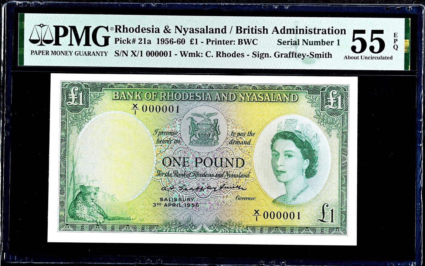 【Blue Auction】✨世界纸币精拍800期盛典——白金之夜🔥🔥🔥 R-【X/1首发冠000001天字1号】罗德西亚和尼亚萨兰 1960年1镑 大冠女王 BWC出品雕刻精美 大津巴布韦遗址 豹子 PMG55EPQ 近新原票 整体状态非常好 女王纸币最漂亮的一套之一（该版纸币一直发行到冠号X/77首发冠都非常难得 年轻女王纸币1号都是大珍 无法被超越的存在）