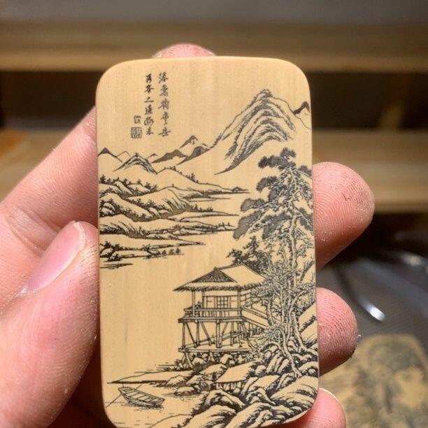 听雨轩（77）留青墨刻竹牌专场 留青墨刻36×60mm工艺精工实心玉竹牌  亭阁