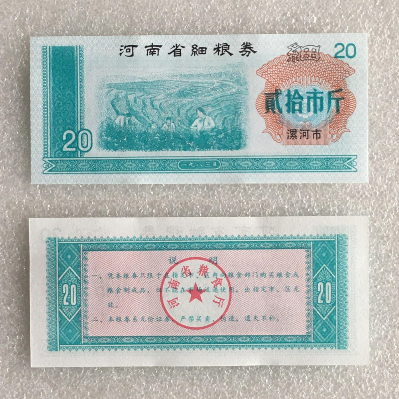          1983年河南省细粮券全新品相未流通1组2枚原版真品如图供应票证旧藏文玩艺术收藏