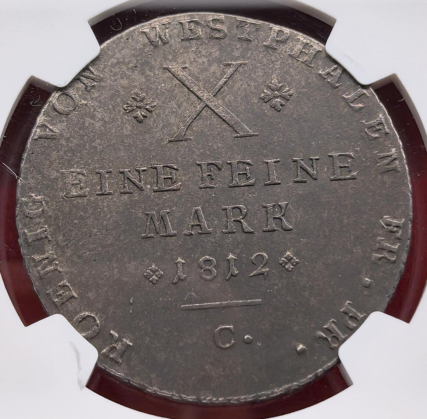 凡希社世界钱币微拍第三百二十一期 1812威斯特伐利亚热罗姆·拿破仑“小胸像版”泰勒大银NGC-UNCD，1812年卡塞尔厂泰勒为“小胸像”版别，区别于早期“大胸像”版，铸造量相对更少，深色包浆，细节颇佳！（视频参考）