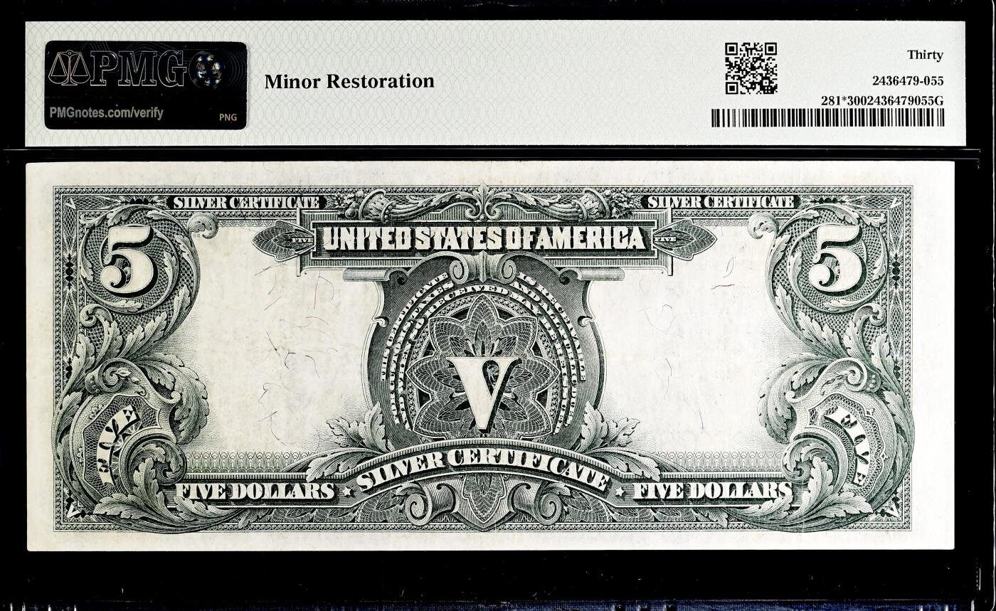 【Blue Auction】✨世界纸币精拍800期盛典——白金之夜🔥🔥🔥   U-【fr.281* 末签补号非常罕见 仅1张更高分】美国 1899年5美金“酋长券”在“最伟大美元纸币”中排名第十（纸币正面印有印第安苏族汉克帕帕部落酋长的肖像，象征美国西部文化。由美国雕版大师 G.F.C.Smilie雕刻，以其细腻的点线技法展现羽毛冠和面部细节，被誉为纸币雕刻的杰作）大票幅 PMG30（该fr20分目录价就3500美金了 30分横线太稀少）