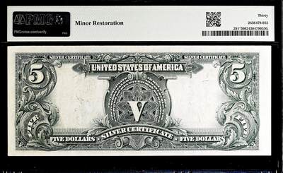 【Blue Auction】✨世界纸币精拍800期盛典——白金之夜🔥🔥🔥   U-【fr.281* 末签补号非常罕见 仅1张更高分】美国 1899年5美金“酋长券”在“最伟大美元纸币”中排名第十（纸币正面印有印第安苏族汉克帕帕部落酋长的肖像，象征美国西部文化。由美国雕版大师 G.F.C.Smilie雕刻，以其细腻的点线技法展现羽毛冠和面部细节，被誉为纸币雕刻的杰作）大票幅 PMG30（该fr20分目录价就3500美金了 30分横线太稀少）