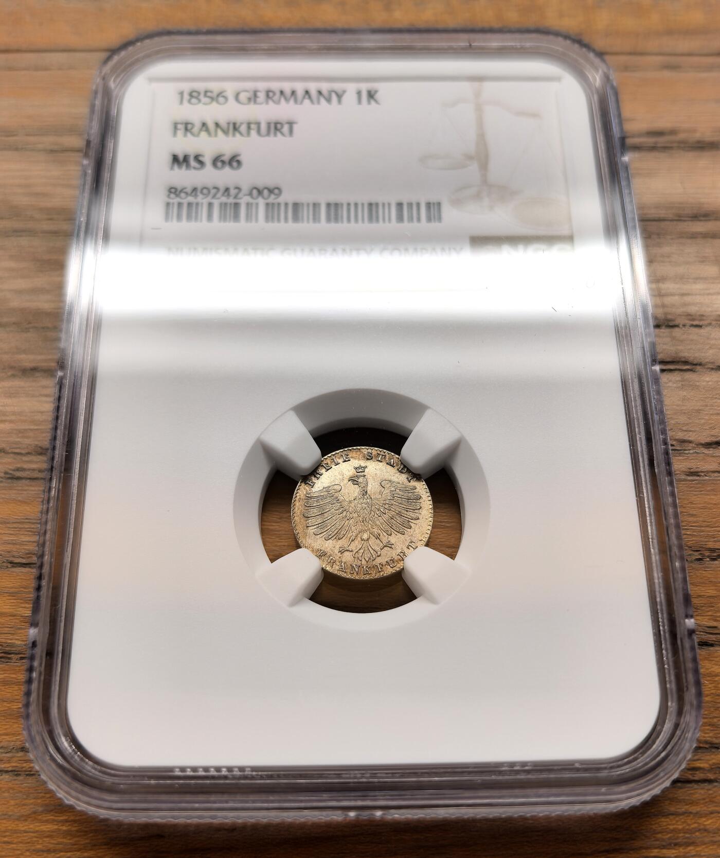 凡希社世界钱币微拍第三百二十一期 1856德国法兰克福自由市1克鲁泽银币NGC-MS66，超高分！