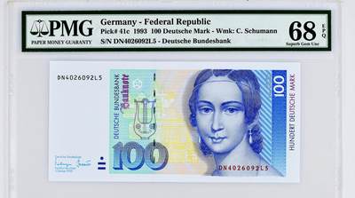 【Blue Auction】✨世界纸币精拍800期盛典——白金之夜🔥🔥🔥 - G-【多年来唯一冠军 最稀少年份】德国 1993版年100马克 著名钢琴家克拉拉-舒曼 PMG68EPQ 顶级品相 无月牙&无拖墨（本枚纸币最神奇的地方，在与克拉拉的眼睛与荧光效果完美融合，形成泪眼，与人物的事迹完美契合，卖家多年来一直珍藏）