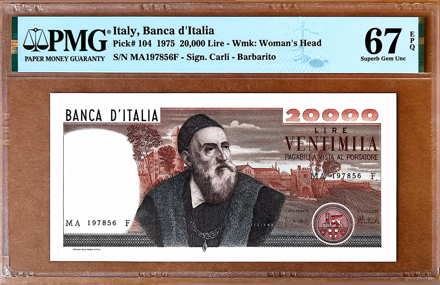 【Blue Auction】✨世界纸币精拍800期盛典——白金之夜🔥🔥🔥 I-【亚军分】意大利 1975年20000里拉 经典提香 名画 PMG67EPQ 高分