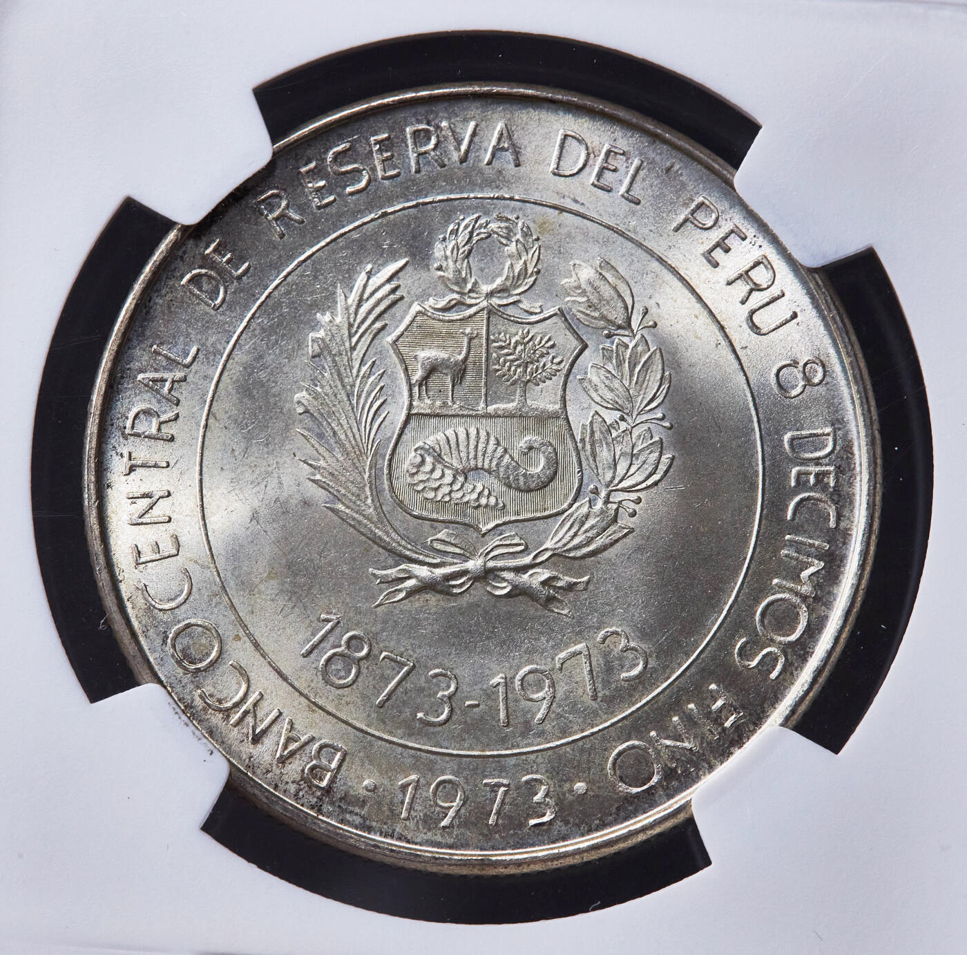 【俄甄集藏】2026年(049)03-18星期三 晚 19:30 全场包邮 秘鲁1973年与小日本建交百年纪念100索尔银币，NGC MS65，转光品相，重24.45克，800银，发行量375000枚