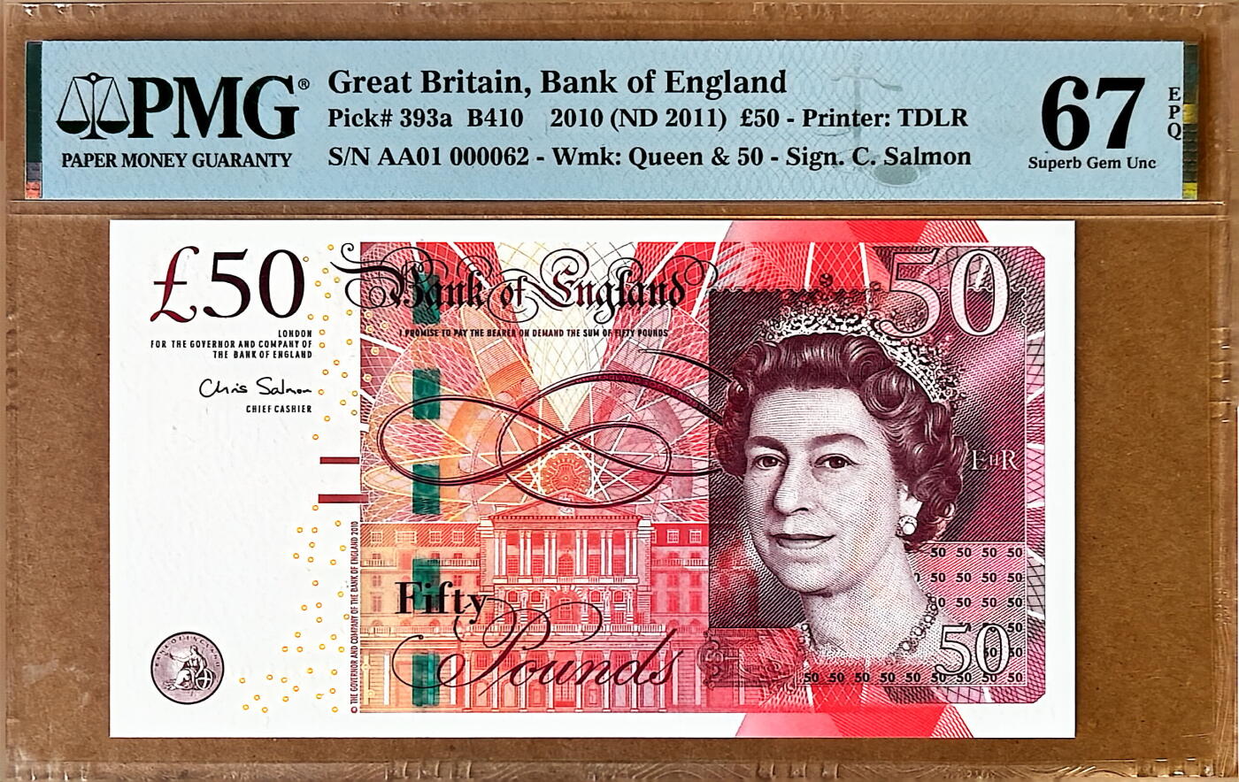 【Blue Auction】✨世界纸币精拍800期盛典——白金之夜🔥🔥🔥 G-【AA01首发冠62小号】英国 2010年50镑 PMG67EPQ 高分 瓦特兄弟 