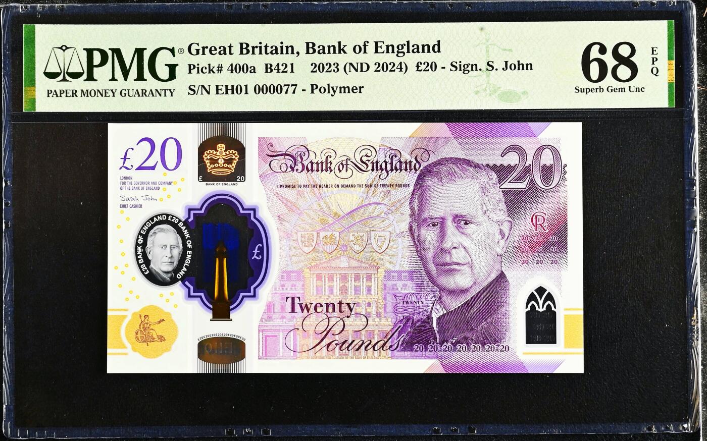 【Blue Auction】✨世界纸币精拍800期盛典——白金之夜🔥🔥🔥 G-【EH01首发冠 77小号非常难得】英国 2024年20镑 查尔斯三世 新版塑料钞 PMG68EPQ 超高分 