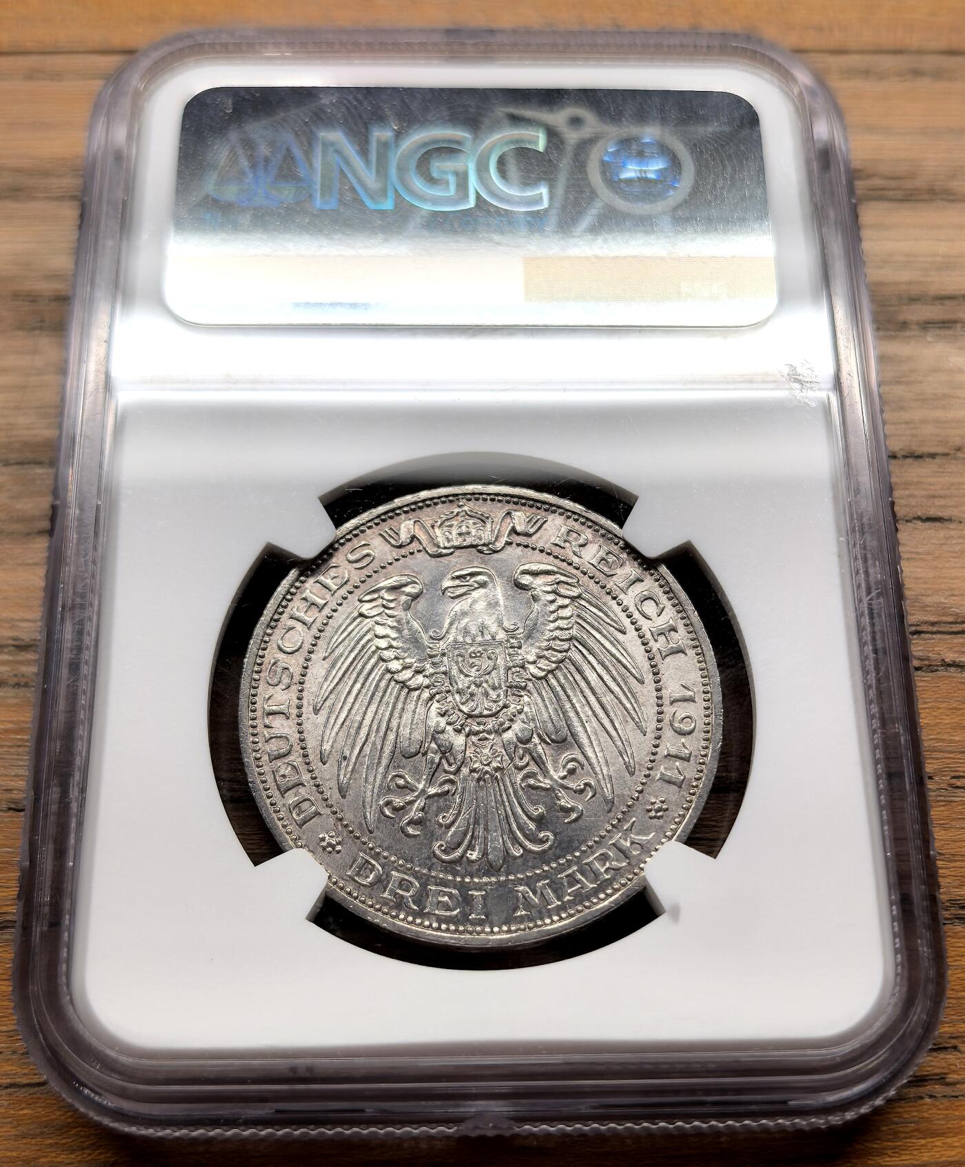 凡希社世界钱币微拍第三百二十一期 1911A德国普鲁士布雷斯劳大学纪念3马克NGC-MS62