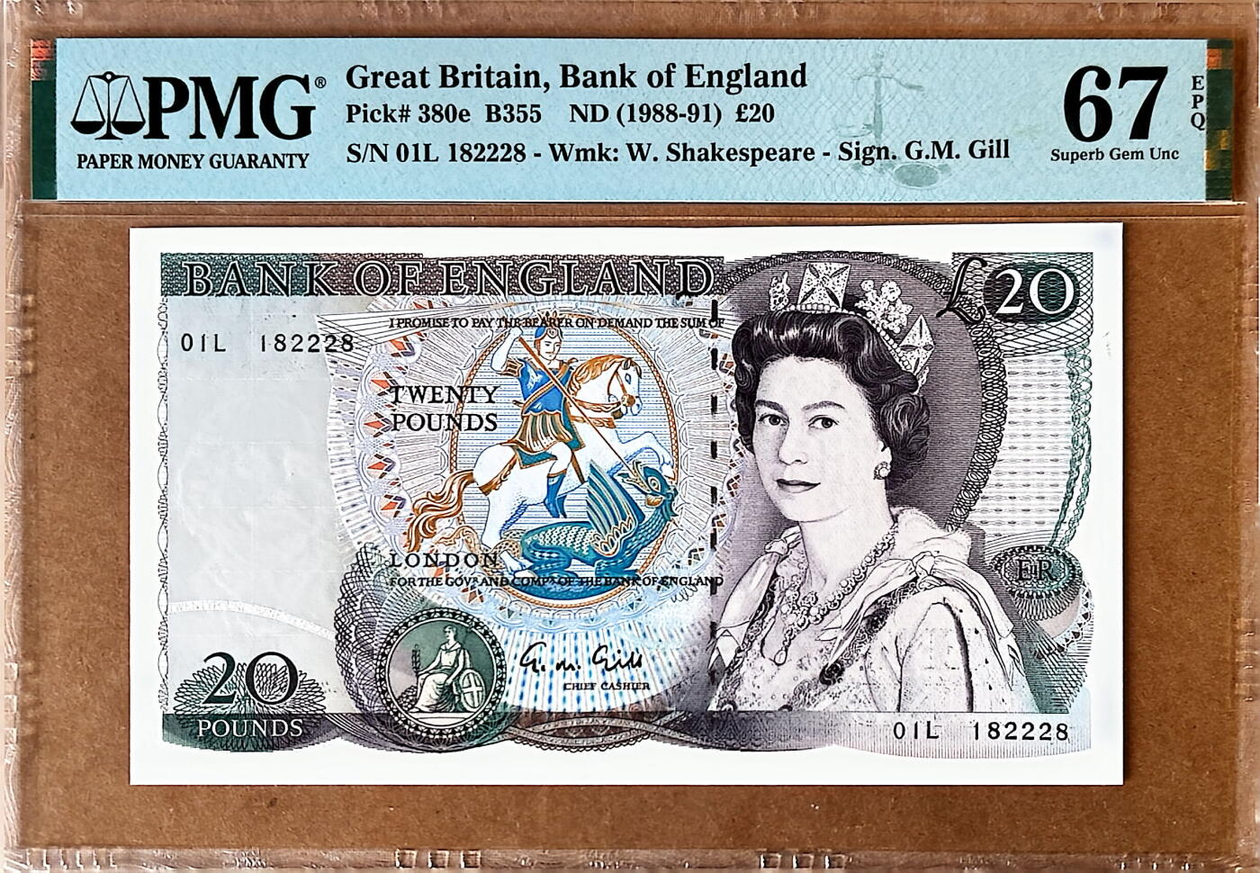 【Blue Auction】✨世界纸币精拍800期盛典——白金之夜🔥🔥🔥 G-【签名G.M.Gill稀少首发冠01L 亚军分】英国1988-91年D序列20镑纸币 莎士比亚水印 PMG 67EPQ（背面是英国著名大文豪、诗人威廉·莎士比亚）