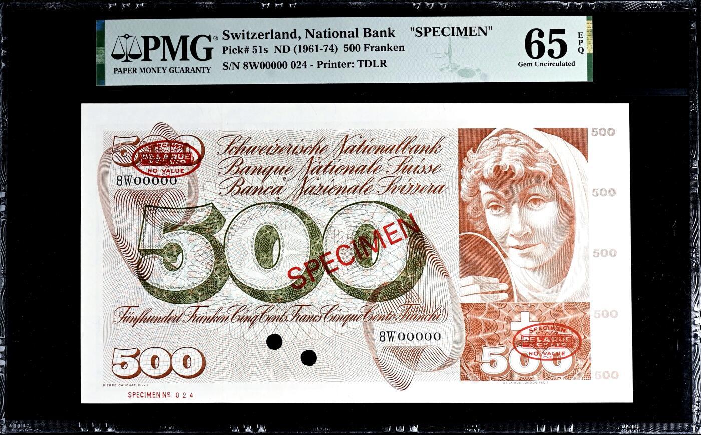 【Blue Auction】✨世界纸币精拍800期盛典——白金之夜🔥🔥🔥  S-【样钞少见】瑞士 1961-74年500法郎 青春券 设计精美 超大票幅 PMG65EPQ绝品 值得收藏 （3年前一张64无E的拍了1020美金）