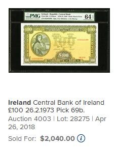 【Blue Auction】✨世界纸币精拍800期盛典——白金之夜🔥🔥🔥 I-【仅1张更高分】爱尔兰 1975年100镑 最高值 当时购买力巨大 超大票幅 PMG66EPQ 市面上藏家争抢的分数非常难得 拉弗雷夫人