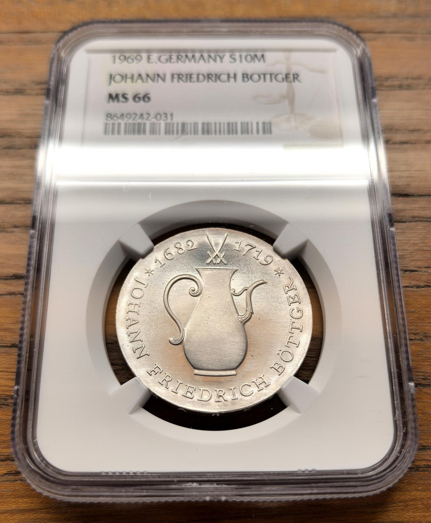 凡希社世界钱币微拍第三百二十一期 1969民主德国纪念欧洲瓷器之父博特格10马克纪念银币NGC-MS66