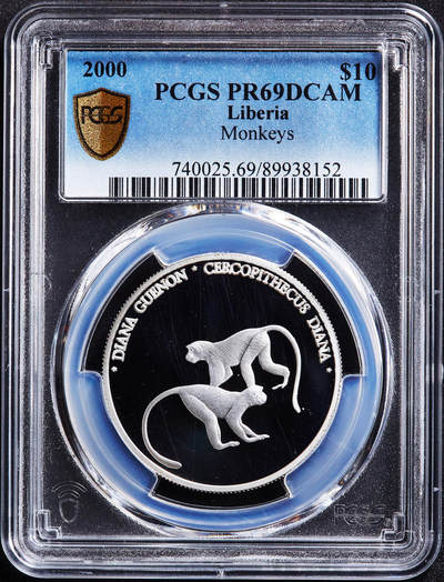 【俄甄集藏】2026年(049)03-18星期三 晚 19:30 全场包邮 - 利比里亚2000年野生动物系列-黛安娜长尾猴10元精制银币，PCGS PR69DC，重2015克，999银，设计精美
