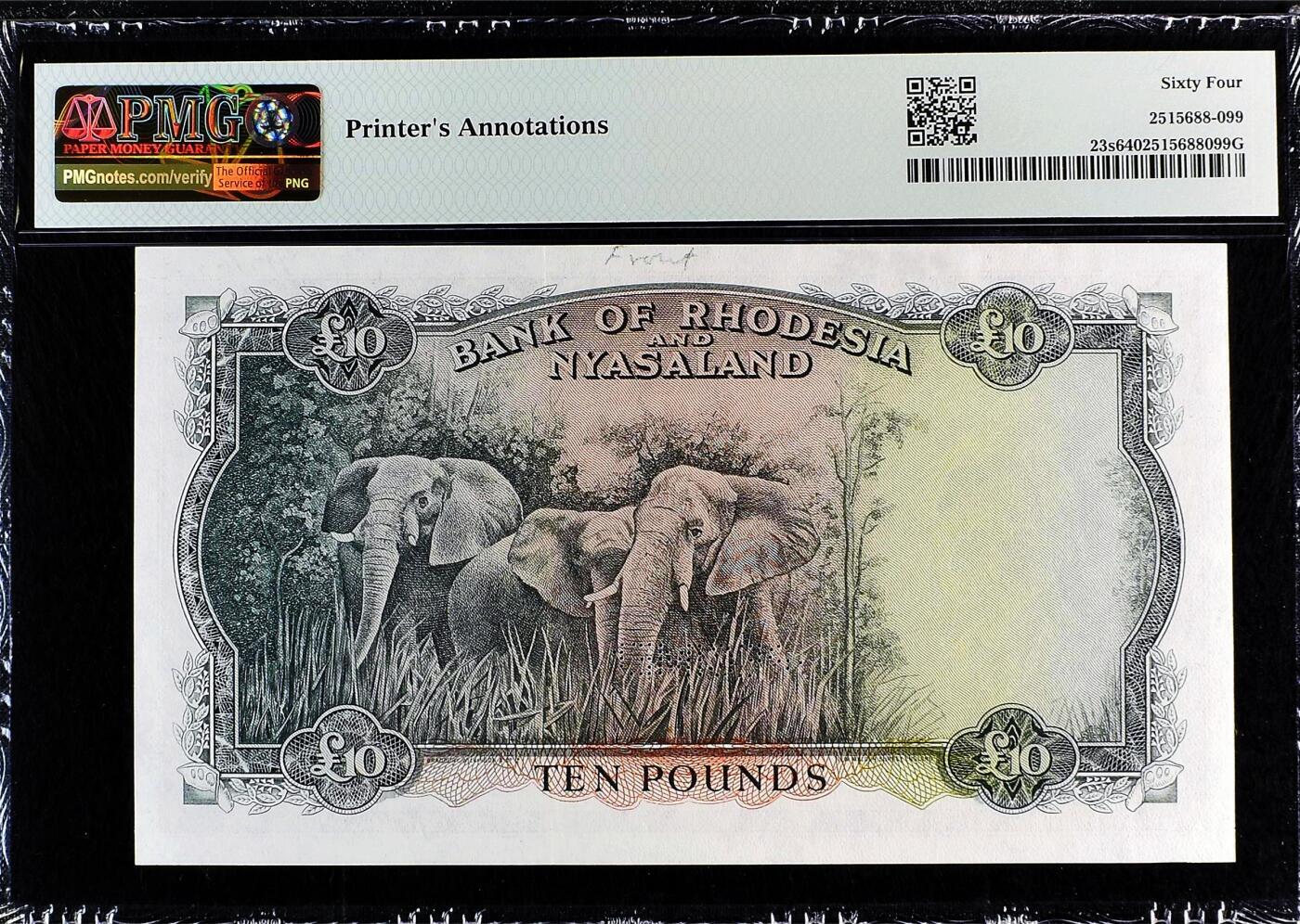【Blue Auction】✨世界纸币精拍800期盛典——白金之夜🔥🔥🔥 R-【大珍 最高分仅64E 实钞没有全新存世】罗德西亚和尼亚萨兰 1956年10镑 大冠女王 该套最高值 BWC雕刻 油墨及凹凸感非常好 顶级品相（此钞堪称英联邦钞票中最具名气的一款，其高昂面额、珍罕程度及华美设计造就了非凡魅力。从最微小的正面狮子细节到背面的大幅象群雕刻充满非洲特色。全新品相可遇不可求，印钞管理者白边的签注没给E，实际就是原厂原票，两年前一张40分差品拍了4080美金）