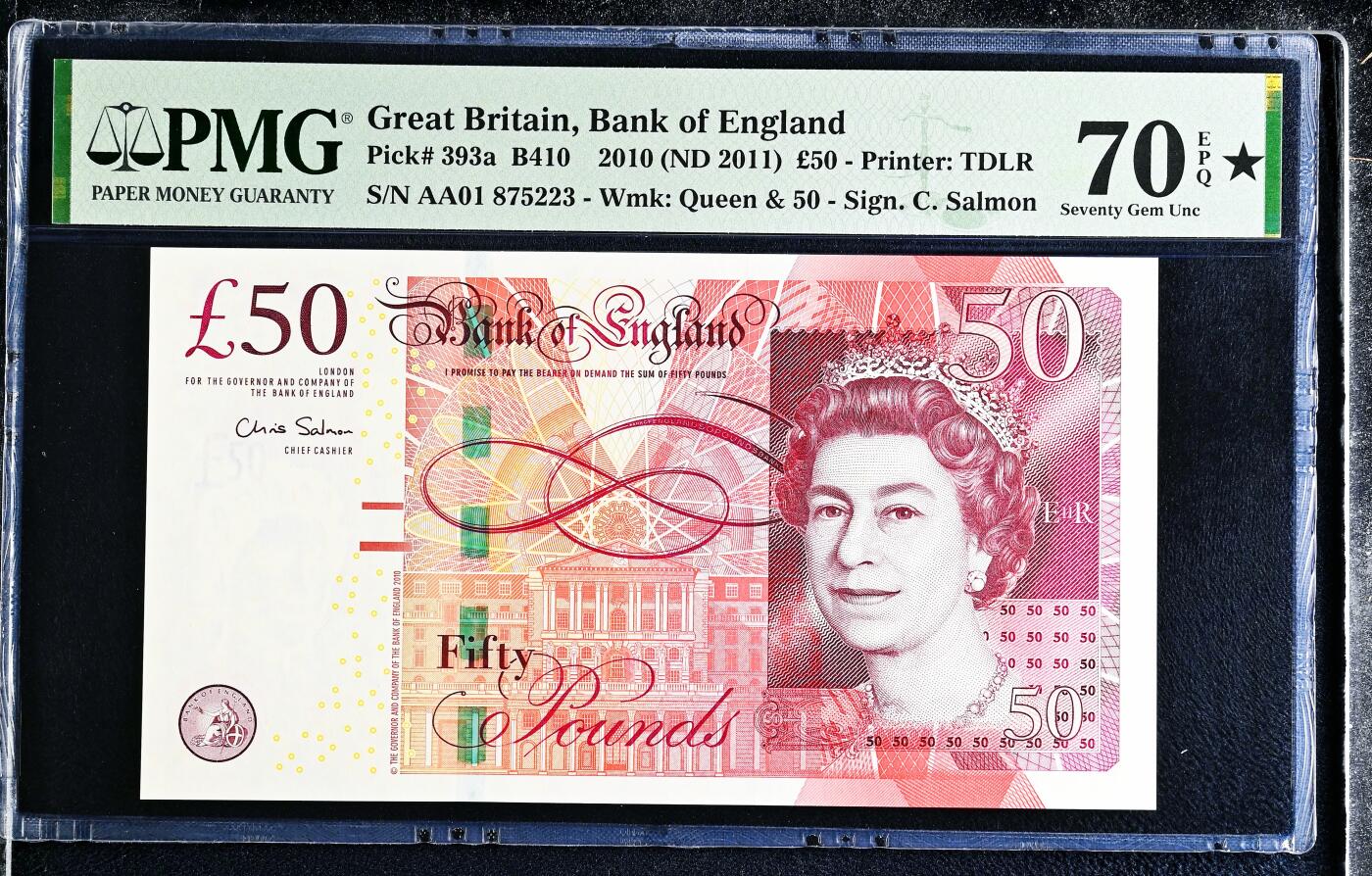 【Blue Auction】✨世界纸币精拍800期盛典——白金之夜🔥🔥🔥 G-【唯一冠军分 满分 AA01首发冠】英国 2010年50镑 瓦特兄弟 PMG70EPQ星星 满分英镑非常难评 张张是精品 值得激烈竞价