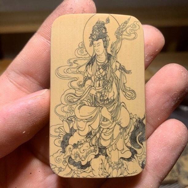 听雨轩（77）留青墨刻竹牌专场 留青墨刻36×60mm工艺精工实心玉竹牌  文殊菩萨