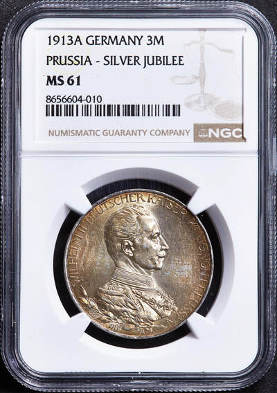 【俄甄集藏】2026年(049)03-18星期三 晚 19:30 全场包邮 - 德国普鲁士1913年A版威廉二世军装3马克银币，NGC MS61，黄油彩包浆，转光品相