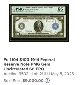 【Blue Auction】✨世界纸币精拍800期盛典——白金之夜🔥🔥🔥 U-【美国著名收藏家Pogue旧藏 富兰克林肖像首次出现在100美金上 高值稀缺 亚军分 百大美元纸币第34位】美国 1914年100美金PMG66EPQ 背面五人寓言形象组成的大场景代表了劳动、富足、自由、和平和商业 设计别致新颖 凑套必备  