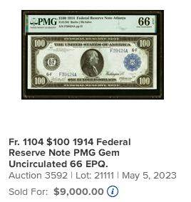 【Blue Auction】✨世界纸币精拍800期盛典——白金之夜🔥🔥🔥 U-【美国著名收藏家Pogue旧藏 富兰克林肖像首次出现在100美金上 高值稀缺 亚军分 百大美元纸币第34位】美国 1914年100美金PMG66EPQ 背面五人寓言形象组成的大场景代表了劳动、富足、自由、和平和商业 设计别致新颖 凑套必备  