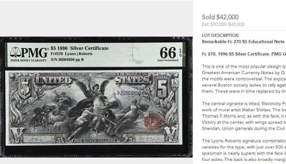 【Blue Auction】✨世界纸币精拍800期盛典——白金之夜🔥🔥🔥  U-【仅1张更高分 最稀少末签fr.270】美国1896年5美金教育券 PMG66EPQ 收藏级品相（由美国雕刻大师W. Shirlaw操刀，主题被称为《呈现给世界的电和光明》，代表着美国在世纪之交科学和创新方面的追求。背面为美国南北战争中取得巨大成就的两位将军——格兰特和谢里登。这张纸币简直是艺术品，被称为美国纸币巅峰之作） 