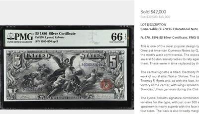 【Blue Auction】✨世界纸币精拍800期盛典——白金之夜🔥🔥🔥  U-【仅1张更高分 最稀少末签fr.270】美国1896年5美金教育券 PMG66EPQ 收藏级品相（由美国雕刻大师W. Shirlaw操刀，主题被称为《呈现给世界的电和光明》，代表着美国在世纪之交科学和创新方面的追求。背面为美国南北战争中取得巨大成就的两位将军——格兰特和谢里登。这张纸币简直是艺术品，被称为美国纸币巅峰之作） 
