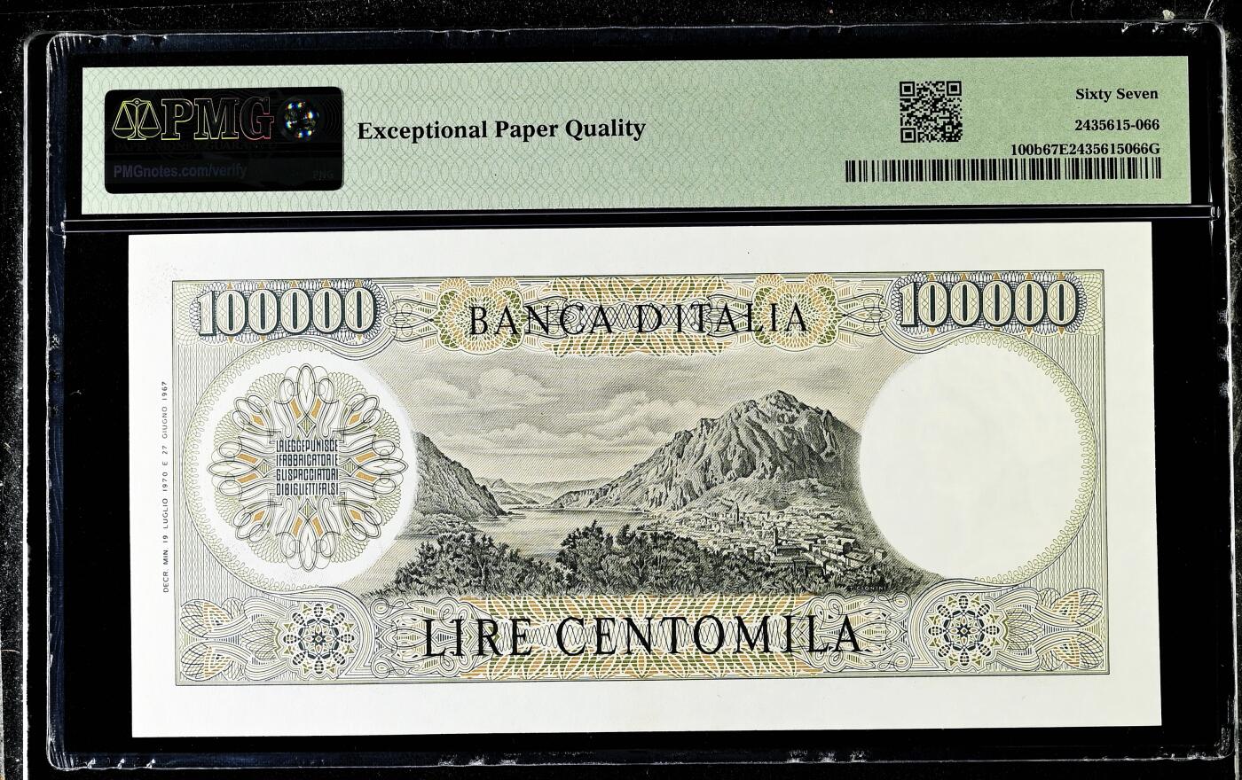 【Blue Auction】✨世界纸币精拍800期盛典——白金之夜🔥🔥🔥  I-【b版 无47 亚军分】意大利 1970年10万里拉 顶级人物雕刻曼左尼 PMG67EPQ高分 背面科莫、科莫湖和博莱托山风景唯美