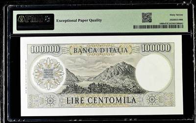 【Blue Auction】✨世界纸币精拍800期盛典——白金之夜🔥🔥🔥  I-【b版 无47 亚军分】意大利 1970年10万里拉 顶级人物雕刻曼左尼 PMG67EPQ高分 背面科莫、科莫湖和博莱托山风景唯美