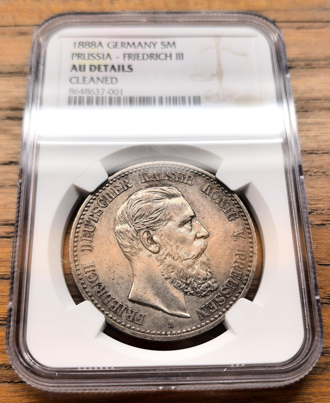凡希社世界钱币微拍第三百二十一期 1888A德国普鲁士弗里德里希三世短翅5马克大银NGC-AUD