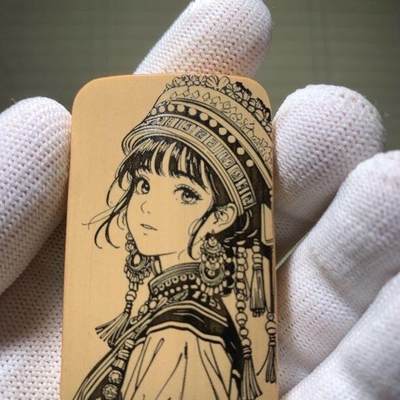 听雨轩（77）留青墨刻竹牌专场 - 留青墨刻36×60mm工艺精工实心玉竹牌 民族风少女2