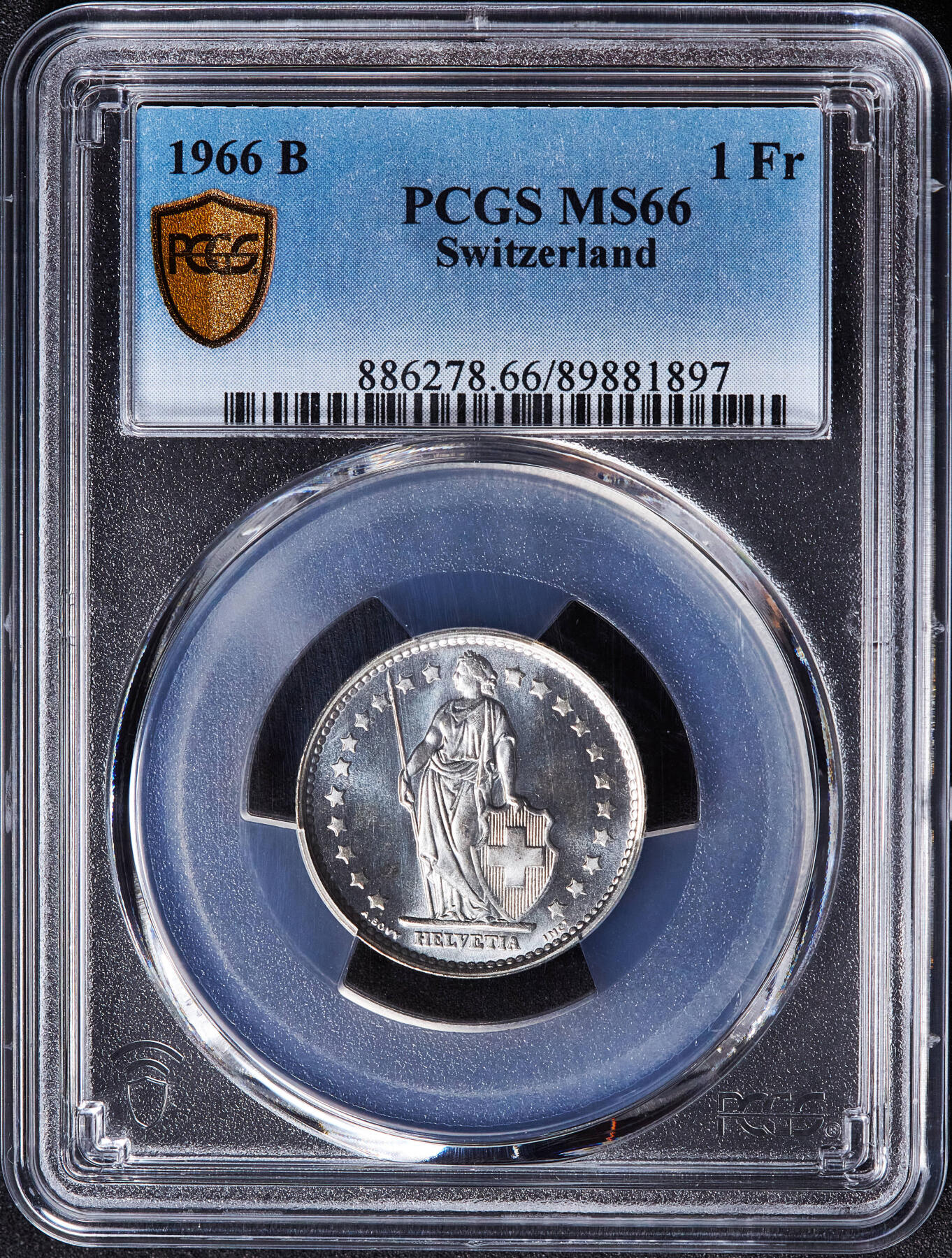 【俄甄集藏】2026年(049)03-18星期三 晚 19:30 全场包邮 瑞士1966年B版1法郎银币，PCGS MS66，类精制底板，车轮转光
