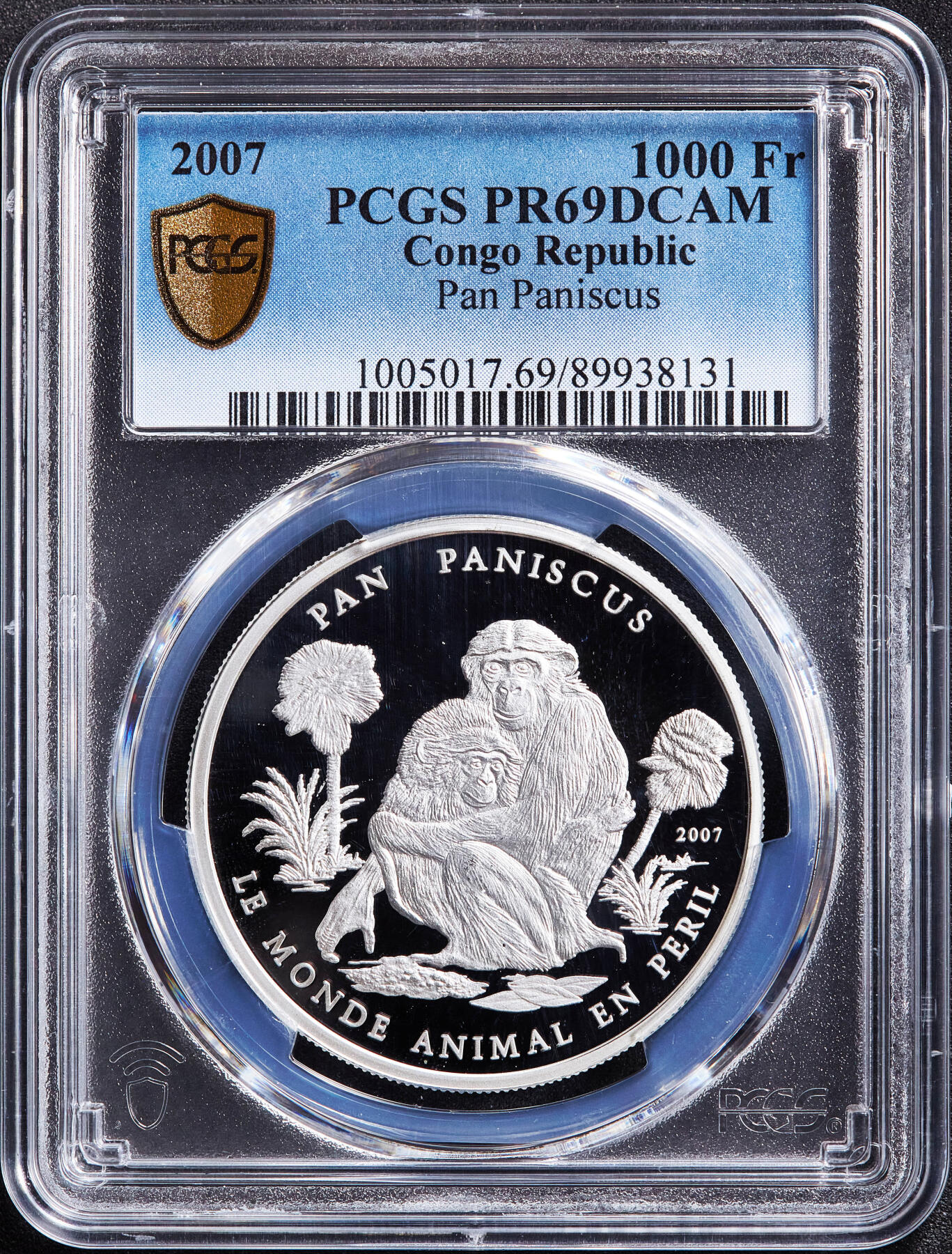 【俄甄集藏】2026年(049)03-18星期三 晚 19:30 全场包邮 刚果（布）2007年野生动物系列-倭黑猩猩1000法郎精制银币，PCGS PR69DC，重20克，999银，稀少品种