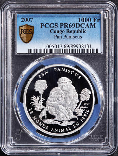 【俄甄集藏】2026年(049)03-18星期三 晚 19:30 全场包邮 - 刚果（布）2007年野生动物系列-倭黑猩猩1000法郎精制银币，PCGS PR69DC，重20克，999银，稀少品种
