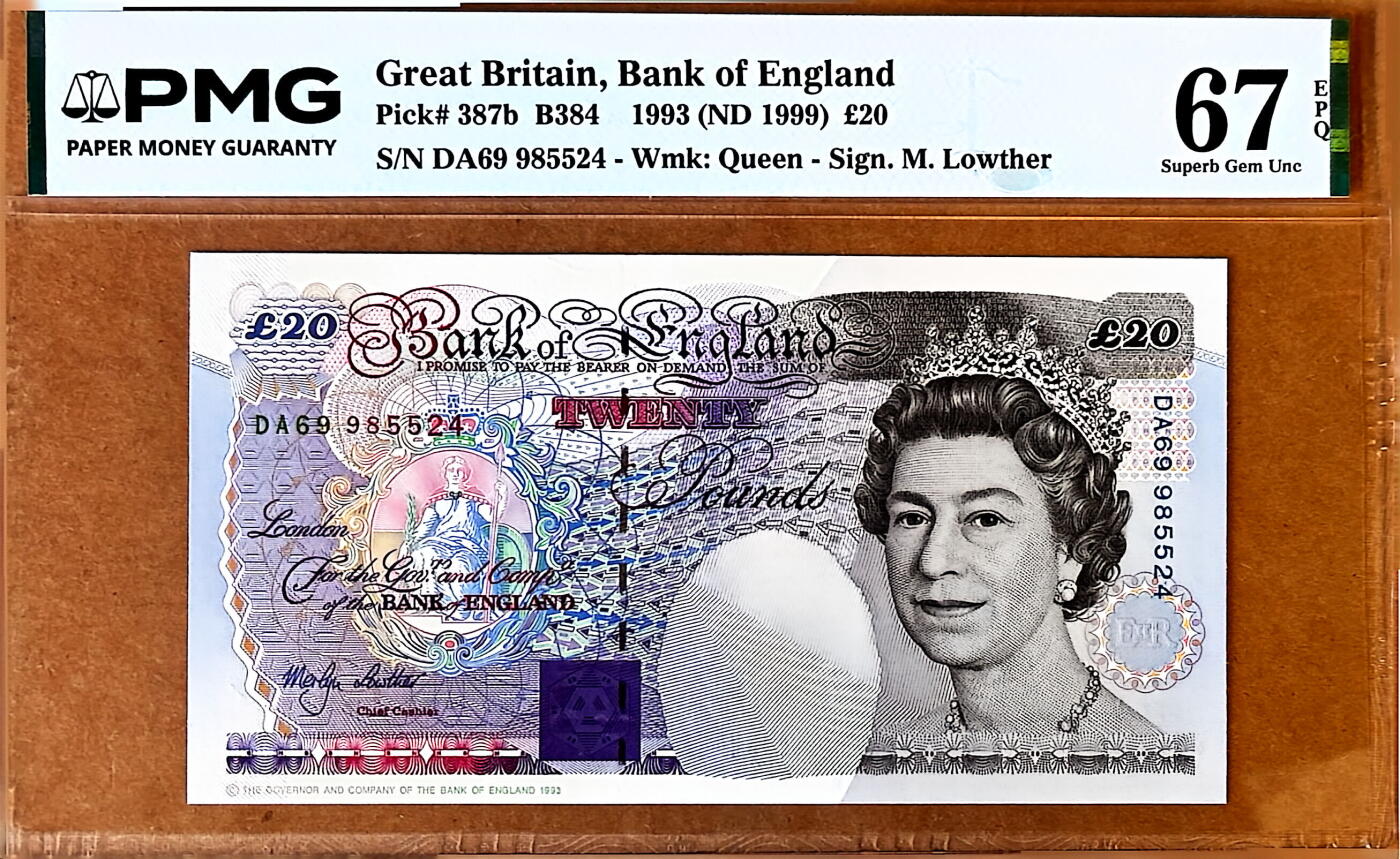 【Blue Auction】✨世界纸币精拍800期盛典——白金之夜🔥🔥🔥 G-英国 1993年20镑 DA69冠 流通版非常罕见 PMG67EPQ 高分（常见的都是册子里999开头的纪念版 此张流通版本如此高分属实难得）  