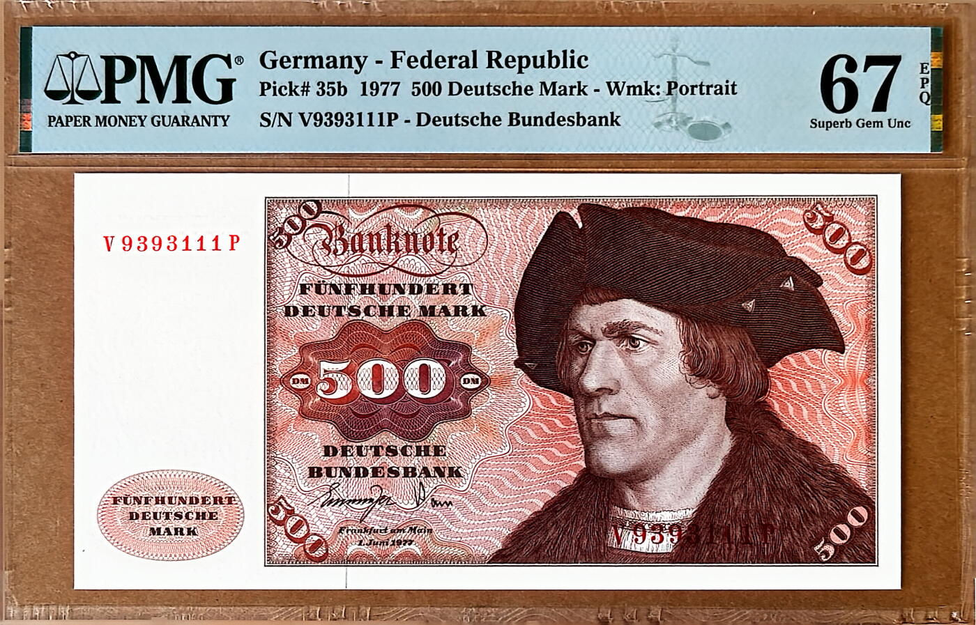 【Blue Auction】✨世界纸币精拍800期盛典——白金之夜🔥🔥🔥 G-【111豹子号无47】德国 1977年500马克 PMG67EPQ 高分 经典大副 正面德国画家汉斯•马勒的作品《男子肖像画》 顶级雕刻 背面艾芝古堡