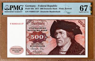 【Blue Auction】✨世界纸币精拍800期盛典——白金之夜🔥🔥🔥 - G-【111豹子号无47】德国 1977年500马克 PMG67EPQ 高分 经典大副 正面德国画家汉斯•马勒的作品《男子肖像画》 顶级雕刻 背面艾芝古堡