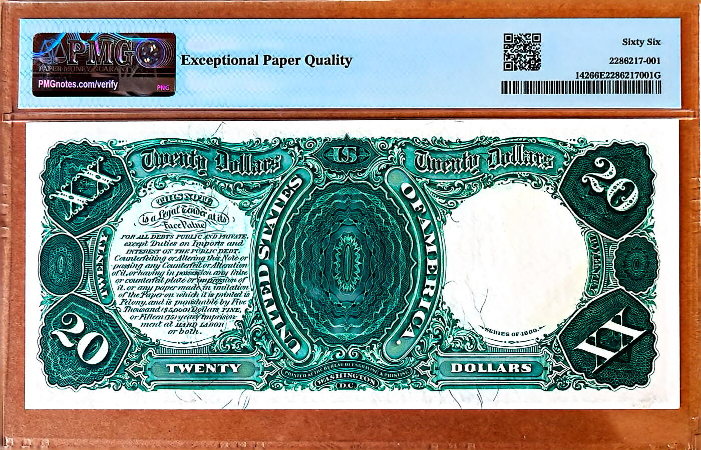 【Blue Auction】✨世界纸币精拍800期盛典——白金之夜🔥🔥🔥  U-【仅2张更高分】美国1880年20美金 汉密尔顿半身像 持握剑盾之胜利女神 设计非常出彩 PMG66EPQ 大票幅 高分 