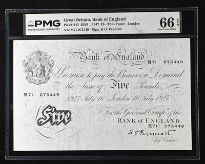 【Blue Auction】✨世界纸币精拍800期盛典——白金之夜🔥🔥🔥 - G-【M71末冠非常罕见】英国 1947年5镑 白色英镑 超大票幅 满版水印 PMG66EPQ （白镑的首冠和末冠均非常罕见和有意义 值得收藏） 